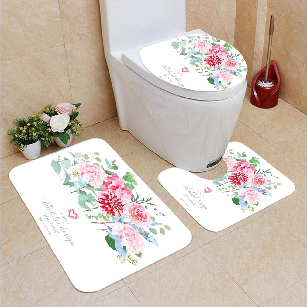CHAPLLE Floral Border in Watercolor Style 3 Piece Bathroom Rugs Set