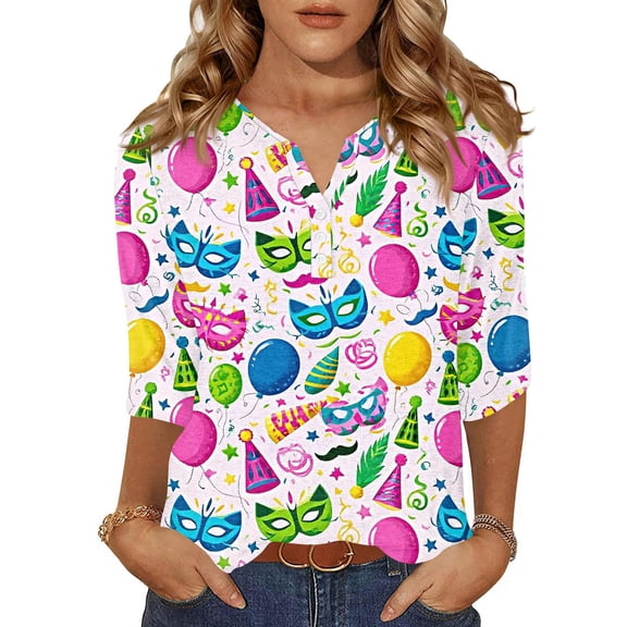 Mardi Gras Shirts for Women Sparkly Glitter 3/4 Sleeve Tops Mask Print V Neck Purple T Shirts Blue 2XL