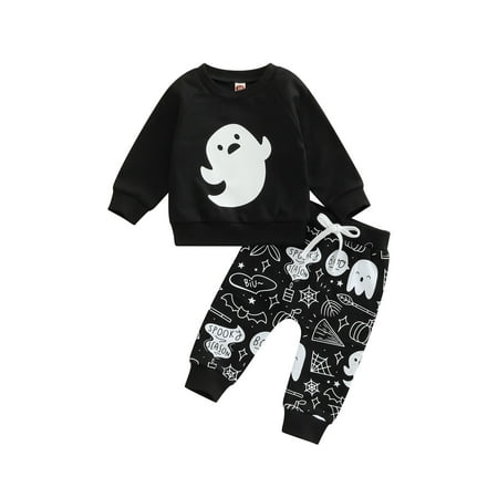 

Frobukio Halloween Toddler Baby Girls Boys Outfits Ghost Skull Printing Long Sleeve Round Collar Tops + Long Pants Black Ghost 6-12 Months