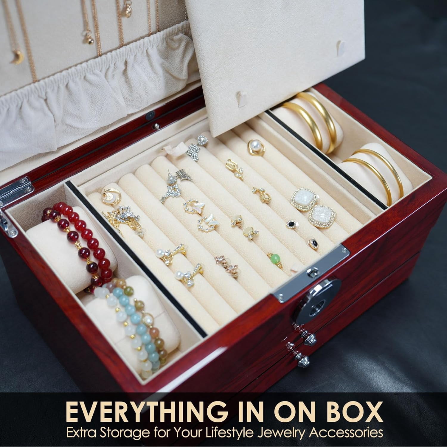 Smart Jewelry Box with Fingerprint Lock, 3-Layer Large Wood Jewelry Organizer for Women, Rosewood Piano Finish Storage Chest with Drawers