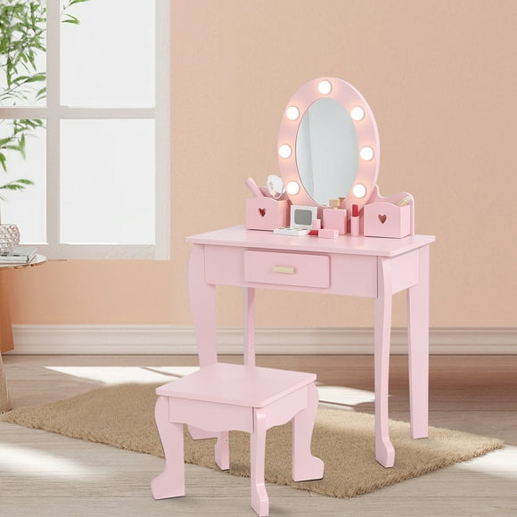 Girls' Vanity Table and Chair Set, Kids Makeup Dressing Table with Lights & Wood Makeup Playset
