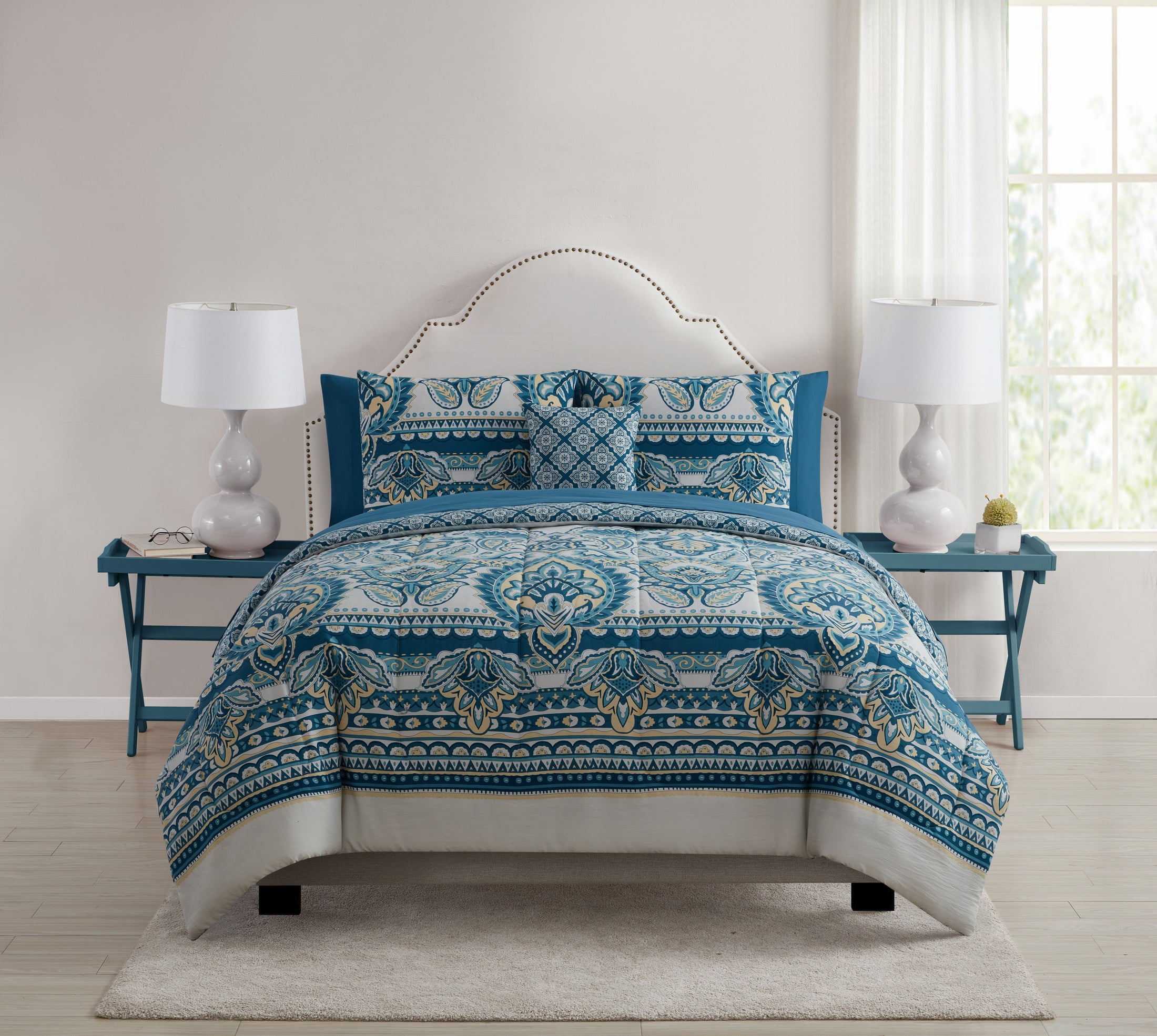 VCNY Home Kagney Teal Damask Polyester 8Piece Bed in a Bag Set