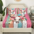 thumbnail image 4 of Erosebridal Bull Skull Bed Sheets Set Full 4Pcs,Girly Pink Rose Flowers Sheet Set,Sugar Skull Bedding,Animals Skeleton Floral Top Sheet,Rustic Farmhouse Wooden Board Flat Fitted Sheet with Pocket, 4 of 5