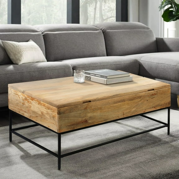 Audrey 45 Inch Handcrafted Mango Wood Coffee Table, Lift Top, Grain Details, Natural Brown, Black- Saltoro Sherpi