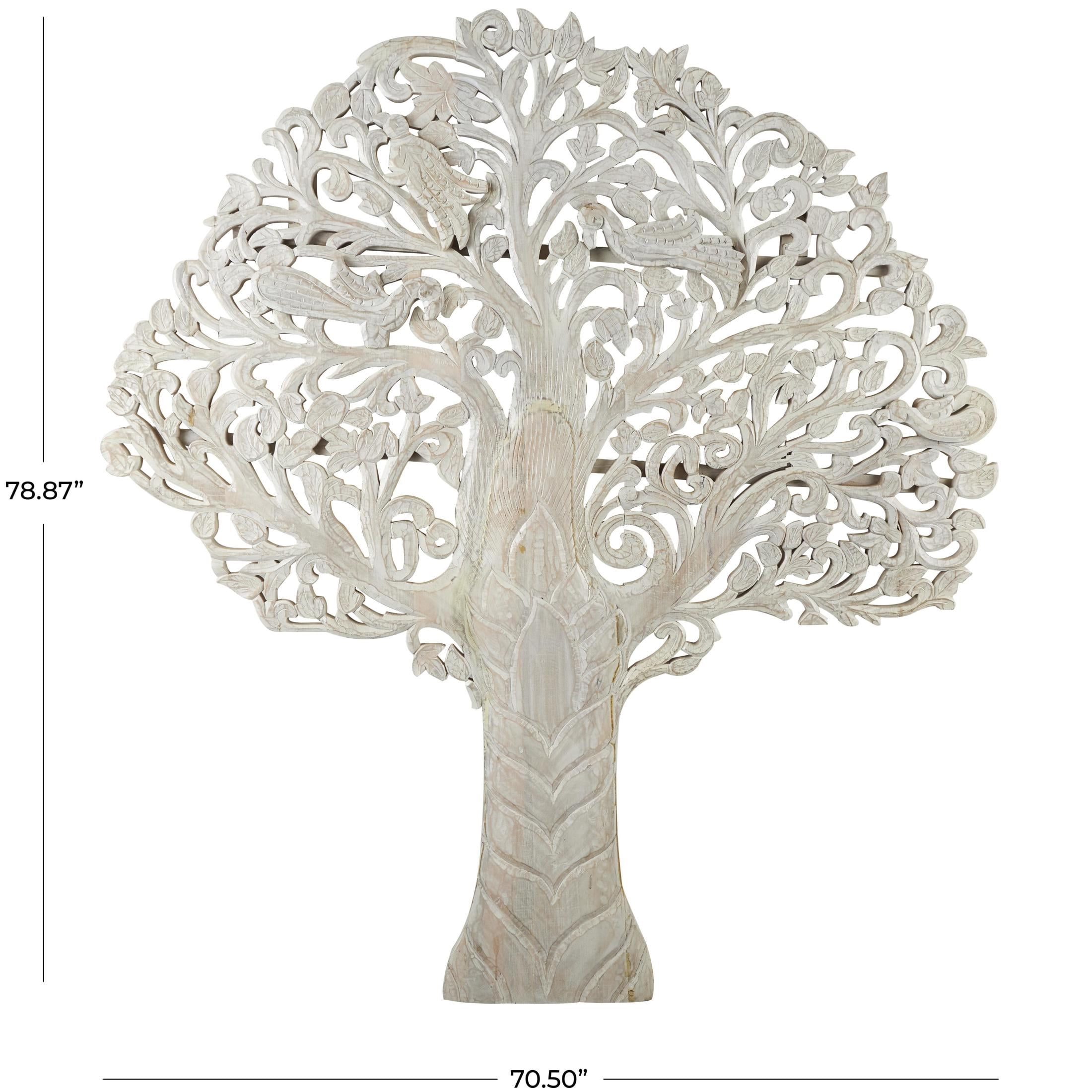 DecMode White Mango Wood Large Carved Tree Wall Decor with Scrollwork