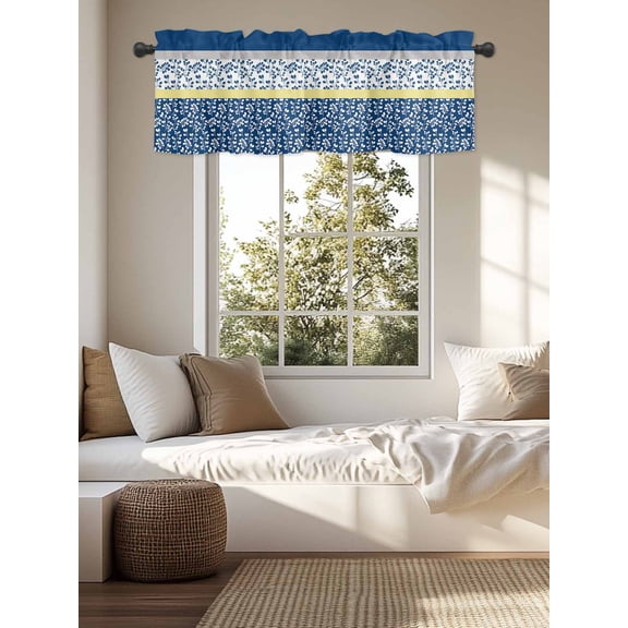 Kitchen Valances for Window, Country Leaves Dark Blue Light Filtering Rod Pocket Valance Curtain, Stitching Stripes Short Curtains Window Topper for Bedroom Bathroom Living Room 54x18in