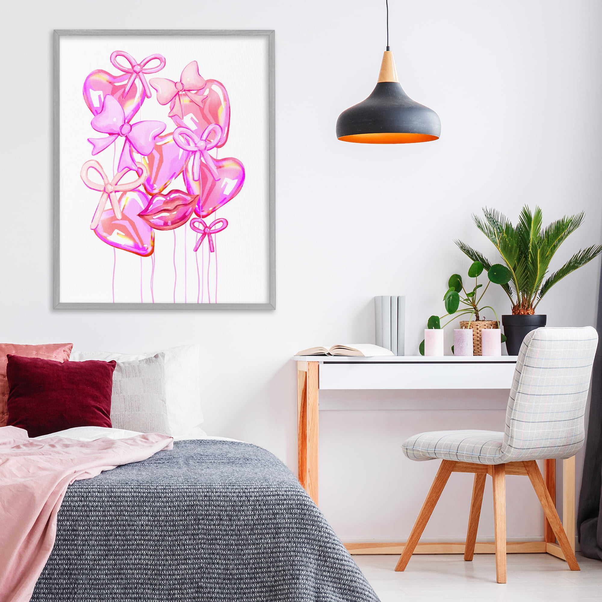 Pink Heart and Bow Balloons Gray Framed Giclee Art, design by Ziwei Li