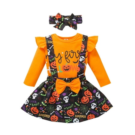 

Infant Baby Girls Halloween Romper Bodysuit+Pumpkin Suspender Skirts Outfits