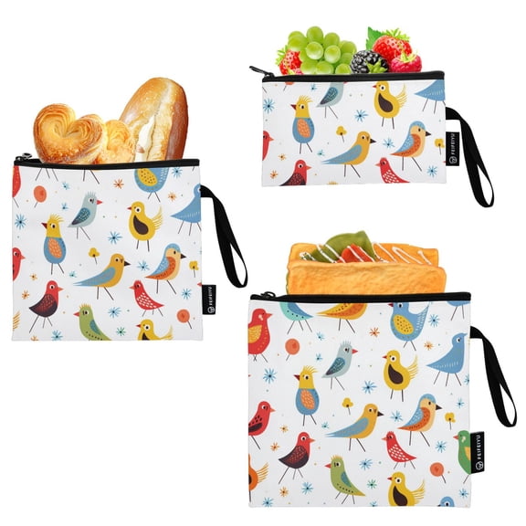 Dailycode Reusable Ziploc Bags Leakproof Sandwich Snack Freezer Bags Colorful Cartoon Birds 3 pack
