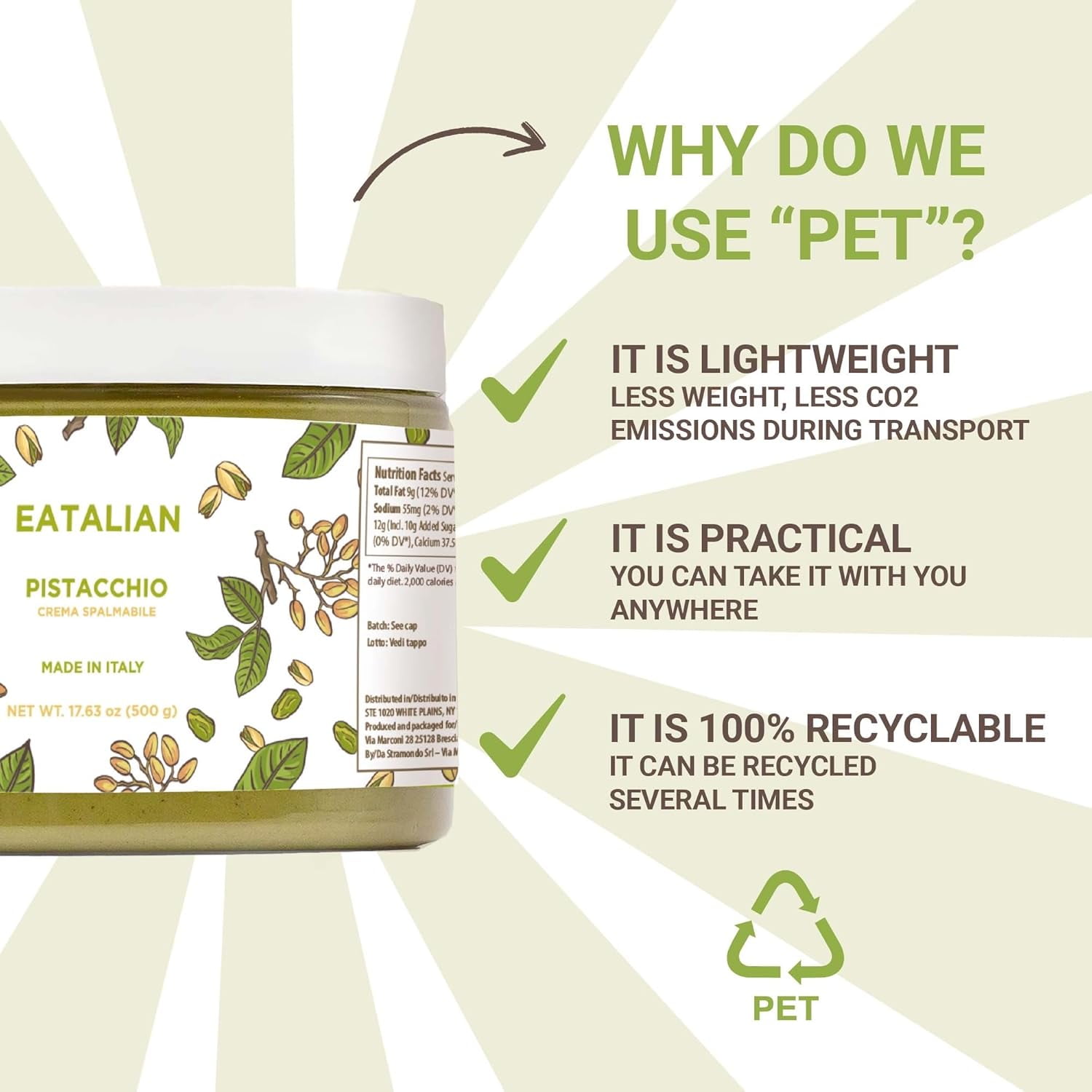 EATALIAN by AMZ BETTER Pistachio Cream, 17.63 oz/500 gr, Delicious Spreadable Cream with Sweet and Unique Taste, Perfect with Ice Creams, for Filling Cakes and Dubai Chocolate, Made in Italy