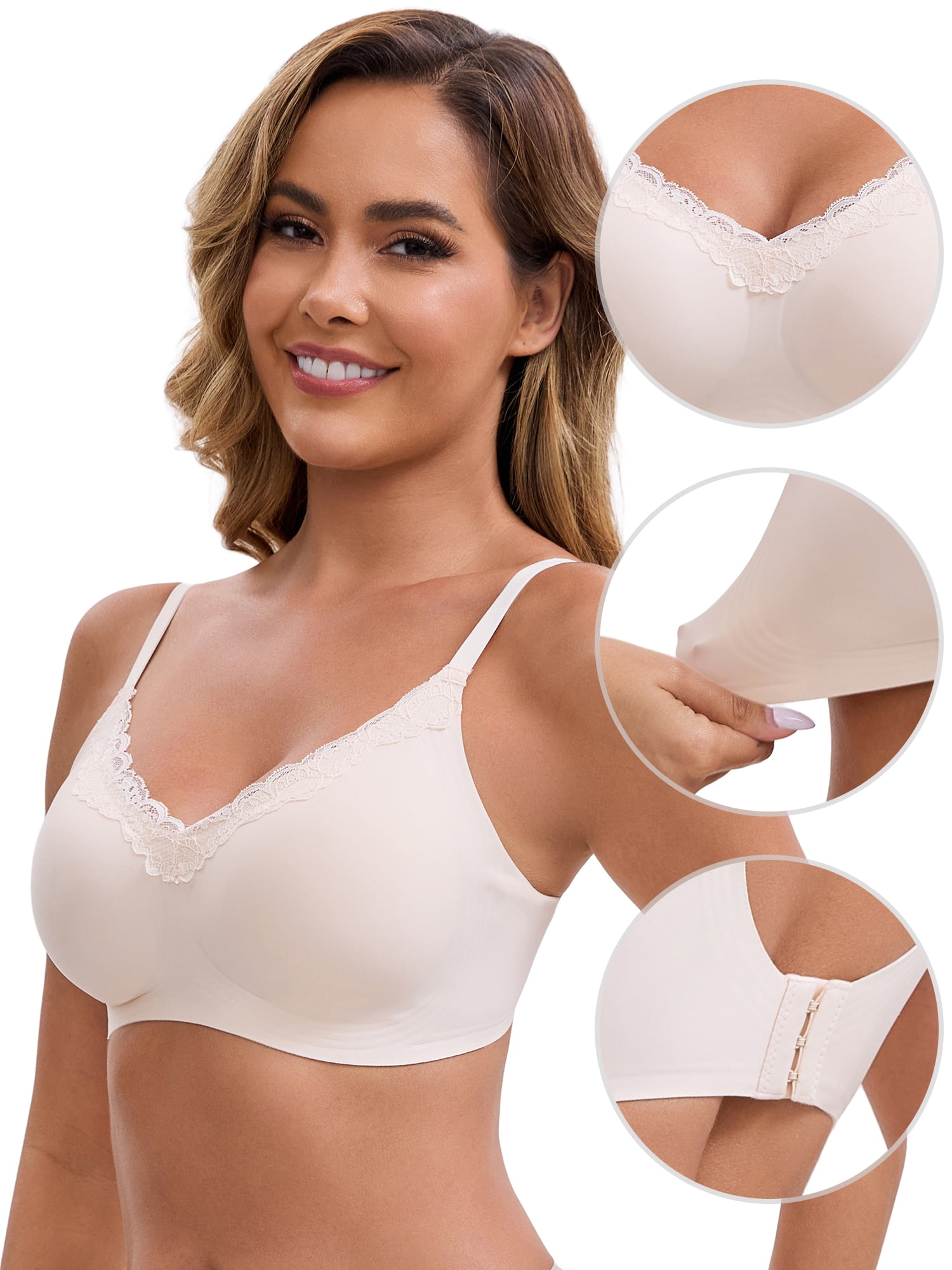 DARING DIVA Lace Trim V-Neck Wireless Bra Adjustable Spaghetti Straps Lift Up M Beige