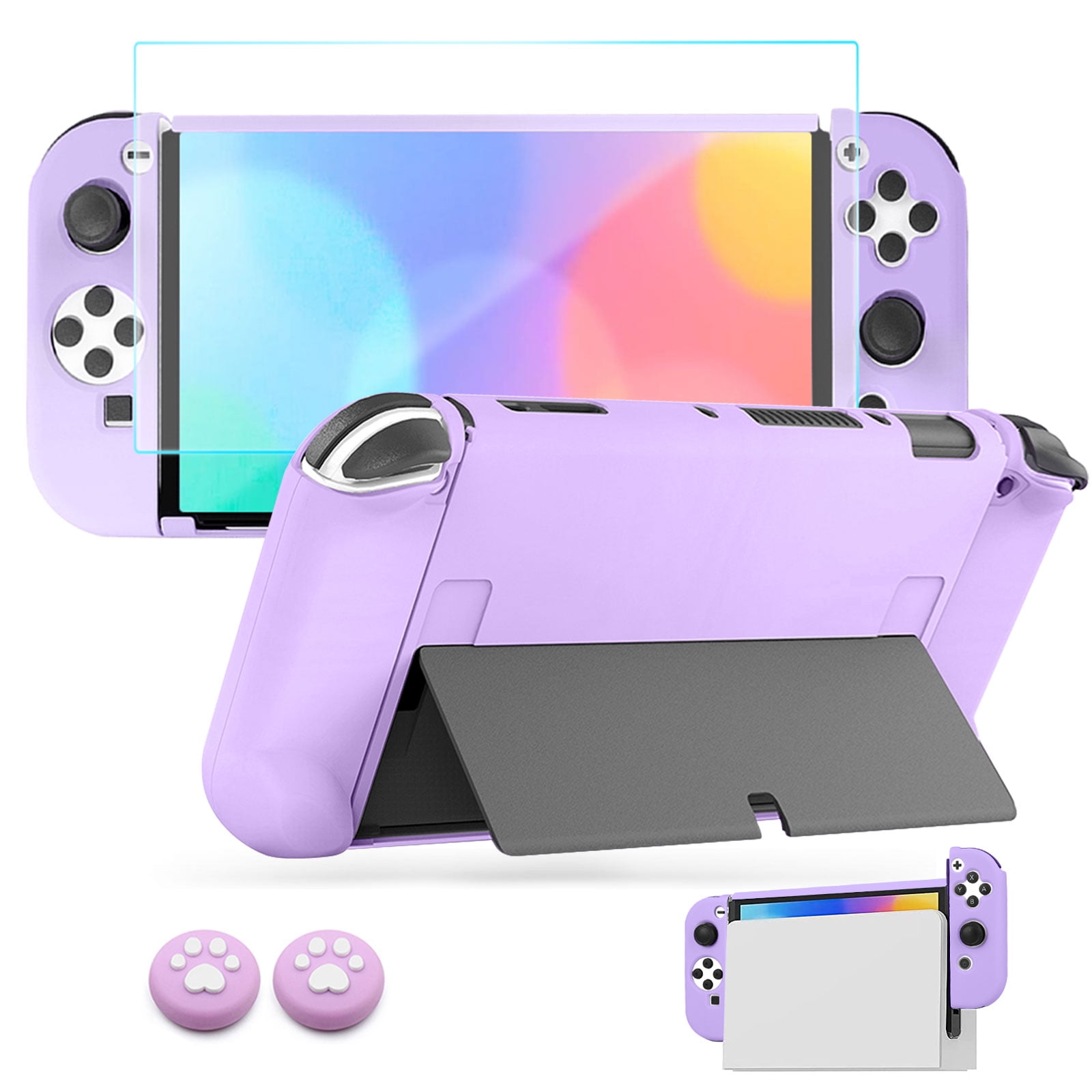 Dockable Protective Case Fit for Nintendo Switch OLED, TSV Cute Case Cover  Fit for Switch OLED  Joy-Con Controllers with Screen Protector, Cat Paw Thumb  Grips for Girls