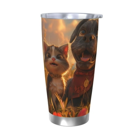 

Uemuo Cat Dog Friendship Print Travel Coffee Mug 20oz Double-walled Car Cup Stainless Steel Insulated Tumbler Leak-proof Travel Cup Reusable Straw Car Cup-Without Straw