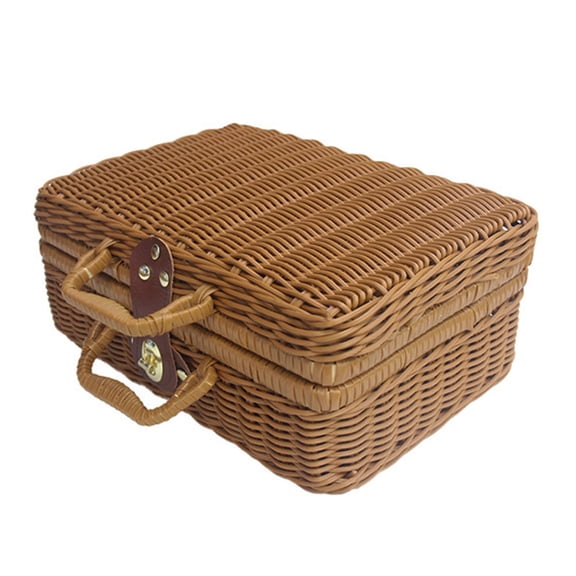 Worgeous Brown Wicker Picnic Basket Storage Box Woven Rattan Travel Case for Outdoor Use