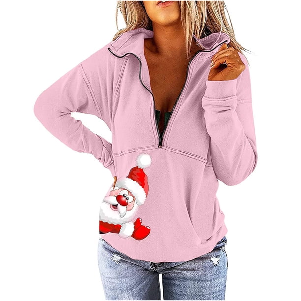 ICHUANYI Liquidación Sudadera de manga larga con cuello en V y cremallera con estampado navideño para mujer Blusa informal Tops ICHUANYI WER202308245575