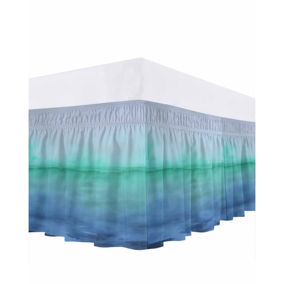 Ombre Blue Teal Green Bed Skirt Watercolor Gradient Color Scenery Bed Skirts King Size 16 Inch Drop, Wrap Around Dust Ruffle Bedskirt with Adjustable Elastic Belt for Queen Size Beds