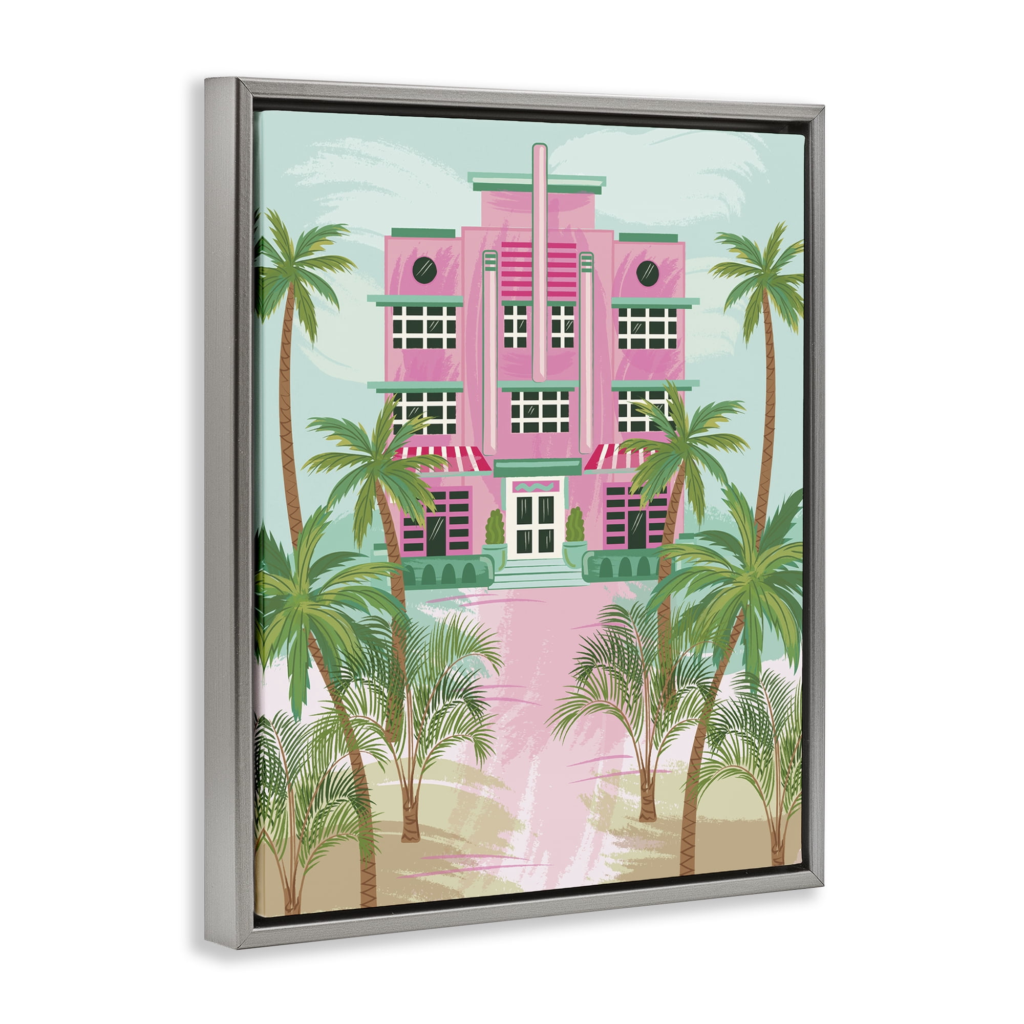 Stupell Industries Tropical Palm Hotel Nautical & Beach Painting Gray Floater Framed Canvas Art Print Wall Art, 25 x 31