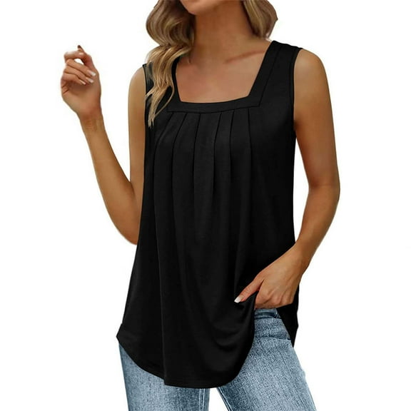 Pxiakgy Summer Tank Tops for Women Loose Fit Pleated Square Neck Sleeveless Tops Curved Hem Flowy Womens Summer Tops Square Neck Loose Short Sleeve Beach Vacation Outfits Sleeveless Blouses Black 3Xl