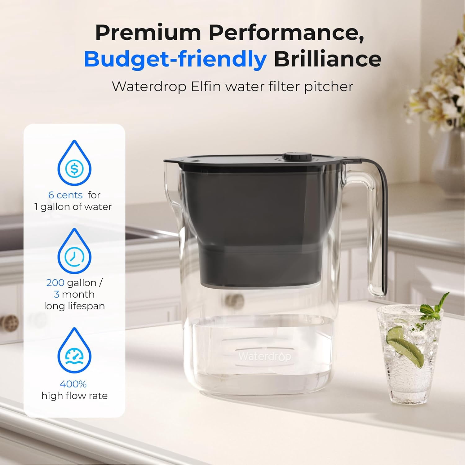 Waterdrop 200-Gallon Long-Life Water Filter Pitcher, NSF Certified,7-Cup, Black