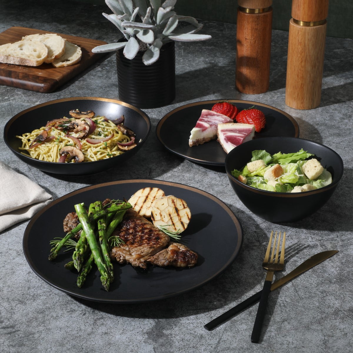 Gibson Elite Kings Road Double Plates and Bowl Organic Round Porcelain Dinnerware Set - Matte Black w/ Gold Rim