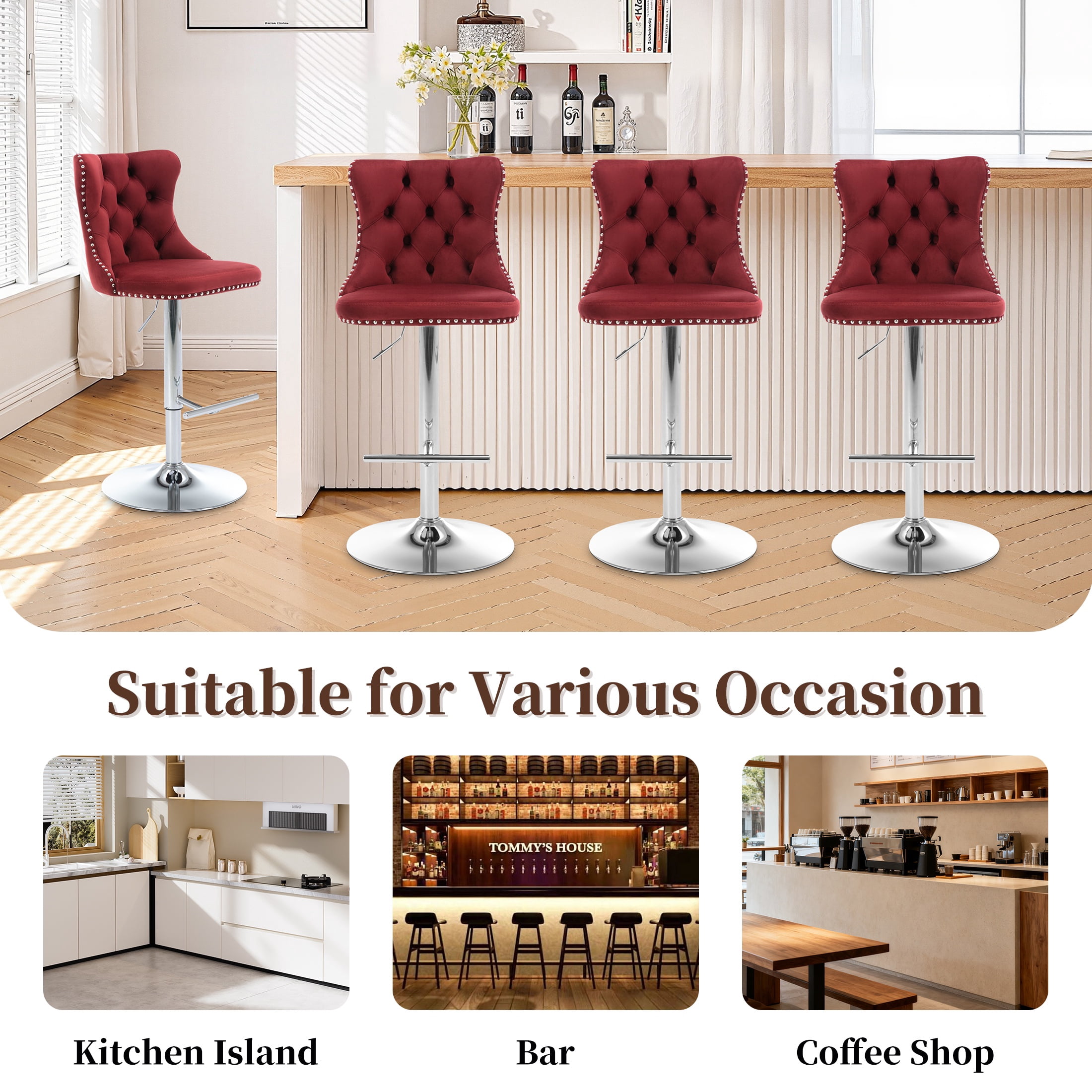 Swivel Bar Stools of 2, LegaHome Velvet Counter Height Barstools, 25-33 Inch Adjustable Height Bar Stools for Kitchen Counter, Modern Upholstered Kitchen Island Chairs, 300lbs Capacity, Burgundy