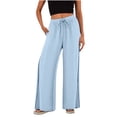 thumbnail image 2 of Mifsaly Linen Drawstring Pants Women Crochet Side Cutout Detail Wide Leg Casual Summer Pant Lightweight Flowy Vacation office Lounge Outfits with Pockets Sky Blue,S, 2 of 7
