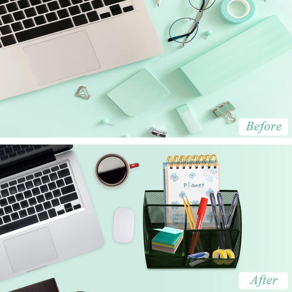 Green Desk Organizer Mesh Drawer Storage Accessories with 6 Compartments and Drawer, Desktop Caddy Storing Stationery Trinkets Cosmetics Jewelry Electronic Gadgets for Workspace Classsroom