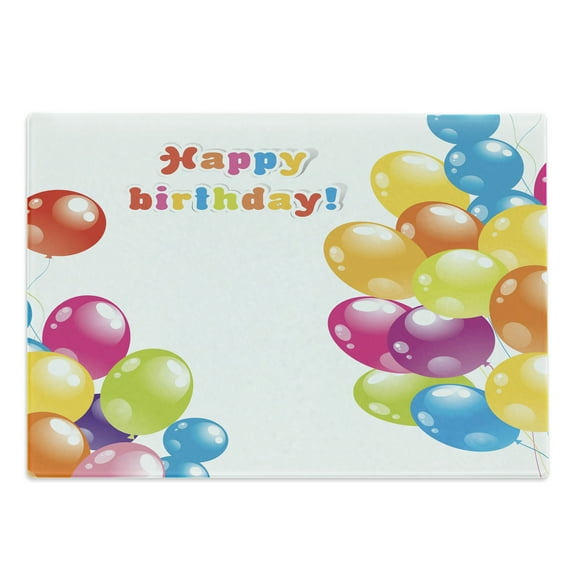 Birthday Cutting Board, Colorful Mood Flying Party Balloons in Surprise Happy Occasion Set, Decorative Tempered Glass Cutting and Serving Board, Large Size, Multicolor, by Ambesonne