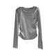 thumbnail image 2 of Camisetas de Larga con Lazo para Mujer, Cuello Redondo Fruncido, Camisetas Casuales Ajustadas Gris M, 2 of 8