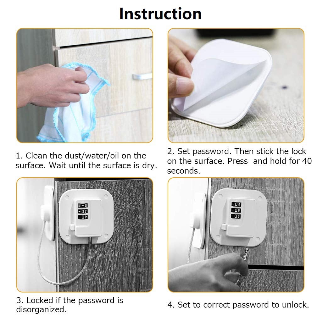 Viaky 2 Pack Child Safety Cabinet Lock for Refrigerator Fridge Door Freezer Furniture Window Safe Lock with Dial Code Digit Password, Free 6 Extra Adhesive Pads for Coded Lock, No Drilling (White)