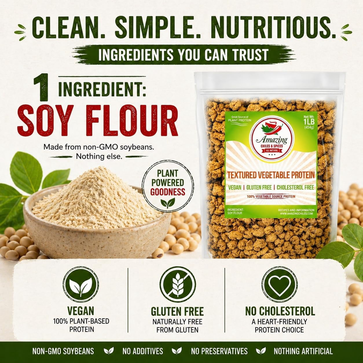 Textured Vegetable Protein (TVP), 1 lb. Bag. All Natural Plant Based Protein Chunks, Vegan