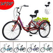 MOPHOTO Adult Tricycle with 24"/26" Big 3 Wheels, Three Wheel Cruiser Bikes with Large Basket & Bell (Wine Red, 24inch /7-Speed),  3 Wheel Cargo Bicycle