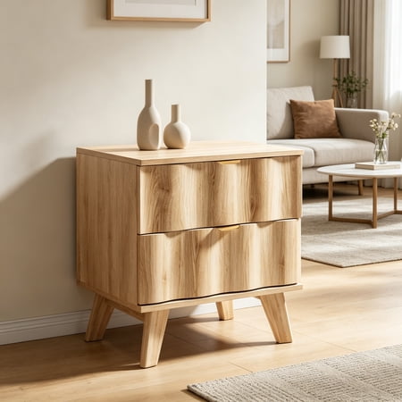 Nightstand Bedside Table with 2 Drawers and Metal Handles Sofa Side End Table with Storage for Bedroom Living Room Entryway (Natural)