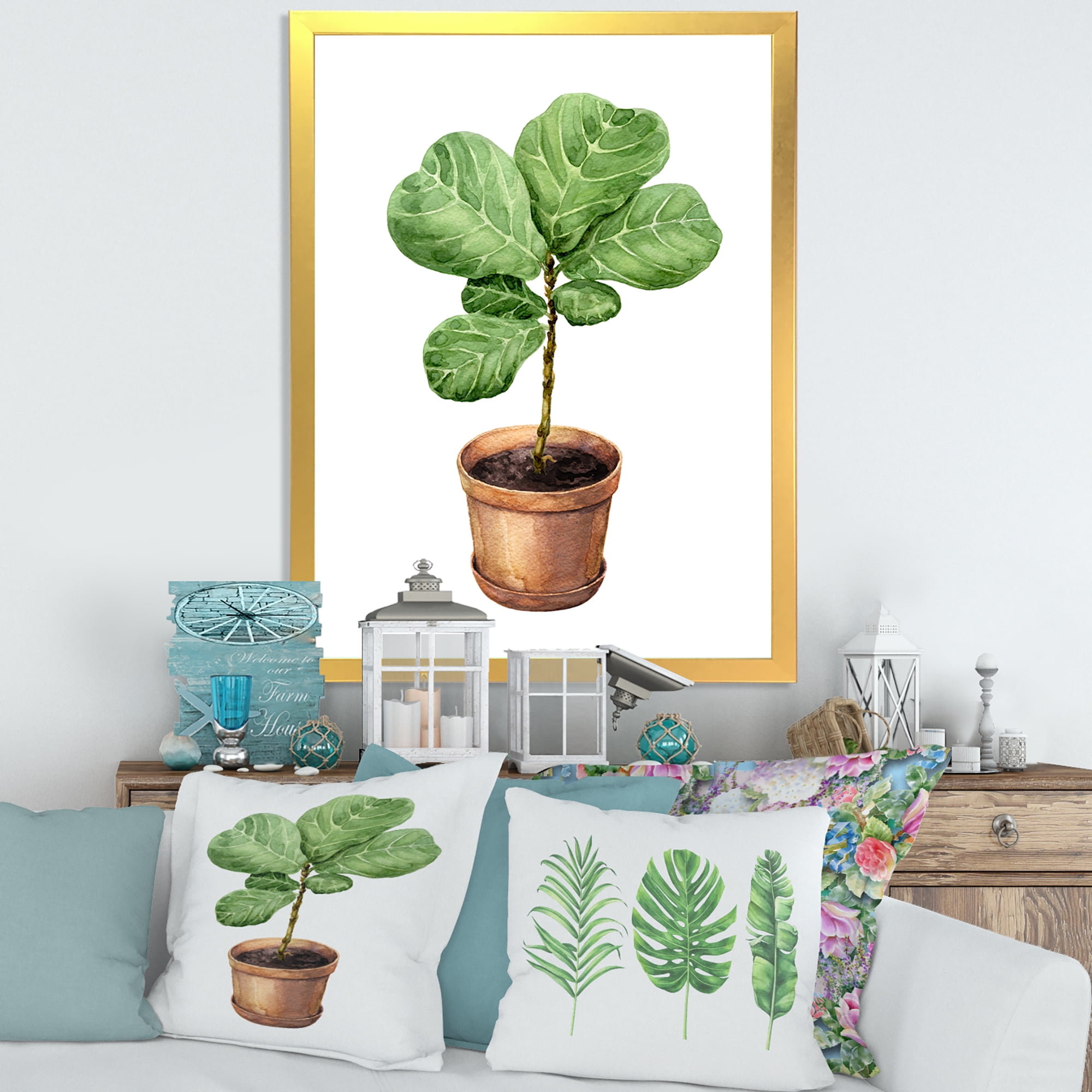 Designart 'Ficus Lyre Plant In Clay Flowerpot' Traditional Framed Art Print