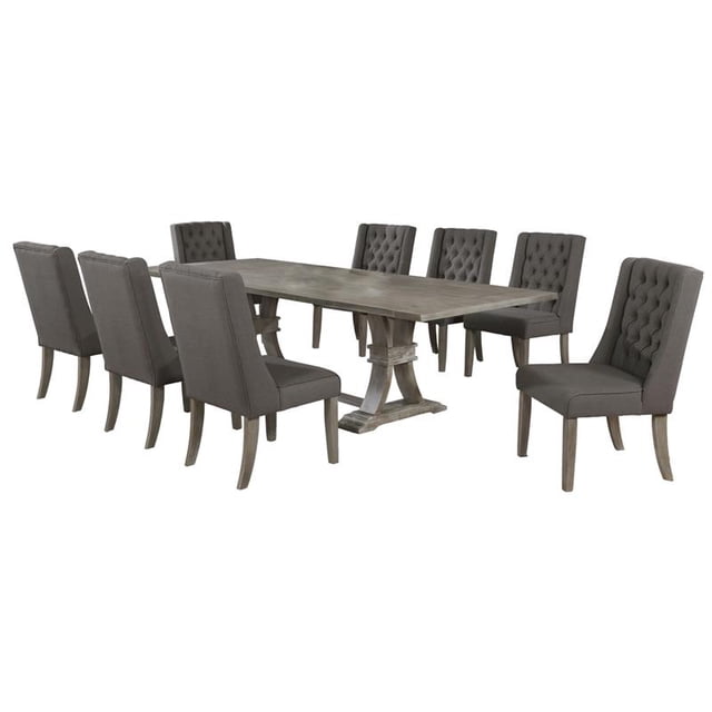 Rustic Gray Wood 9pc Dining Set with Table and Gray Linen Chairs
