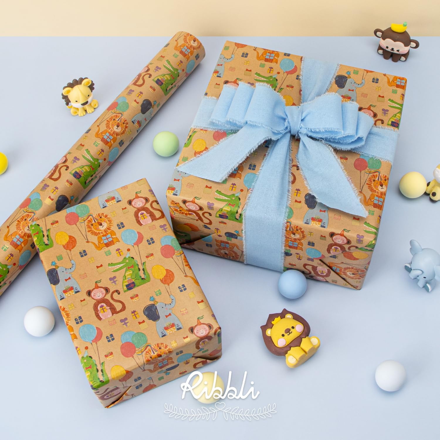 Birthday Wrapping Paper Animal and Balloon Vintage Style Kraft Mini Roll Paper Perfect for Baby Shower Boys Girls Kids Birthday - 17Inch x 394Inch(33Feet)