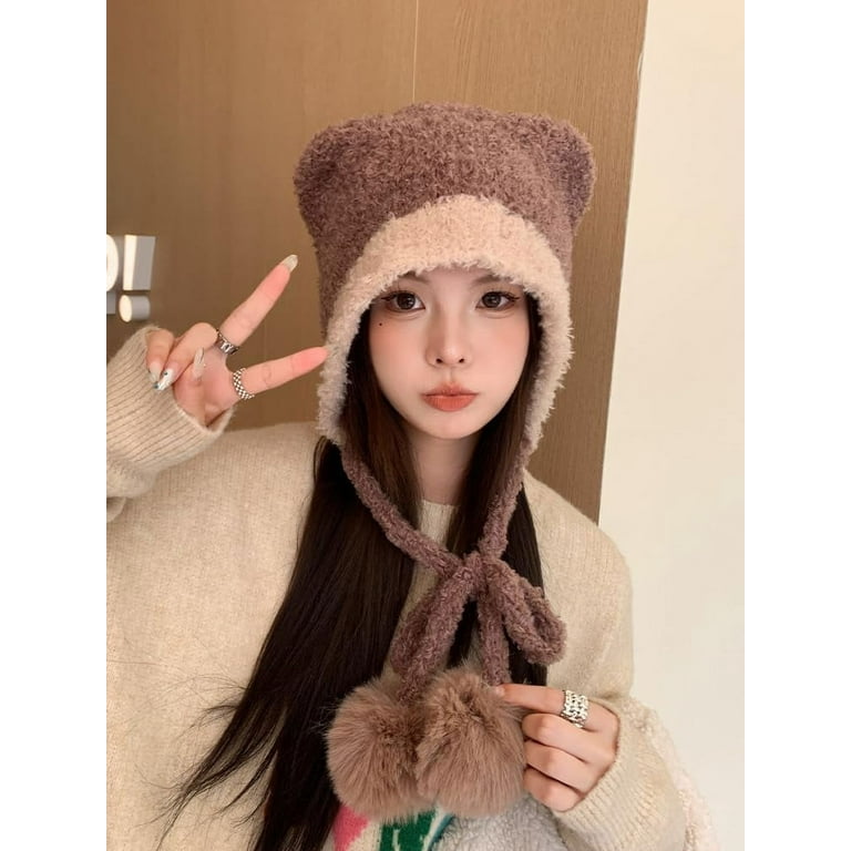 LinYooLi Women Y2K Bear Ear Beanie Hat with Pom Poms Cute