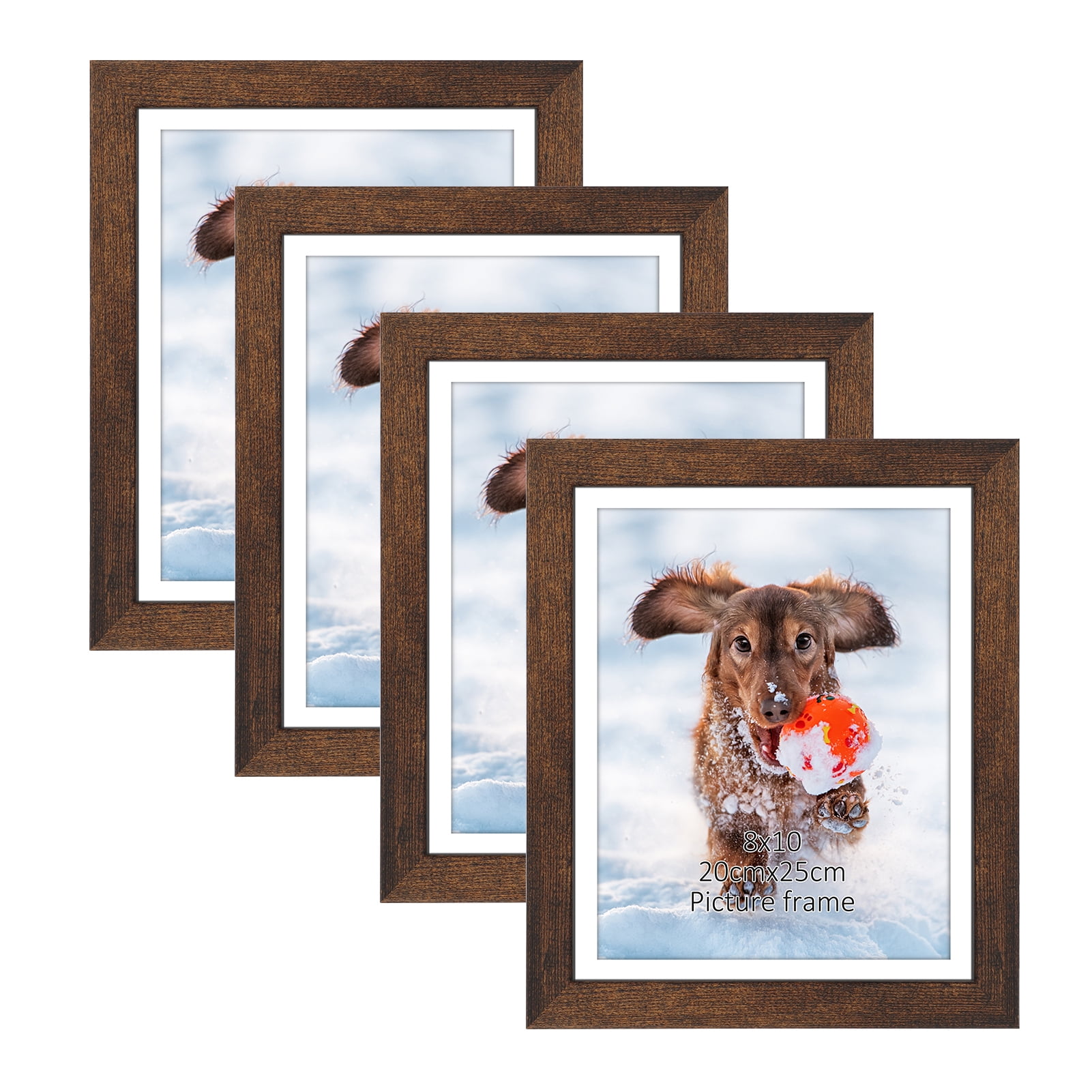 8x10 Picture Frame Set of 4, Brown Photo Frames with Mat for Wall and Desktop Display