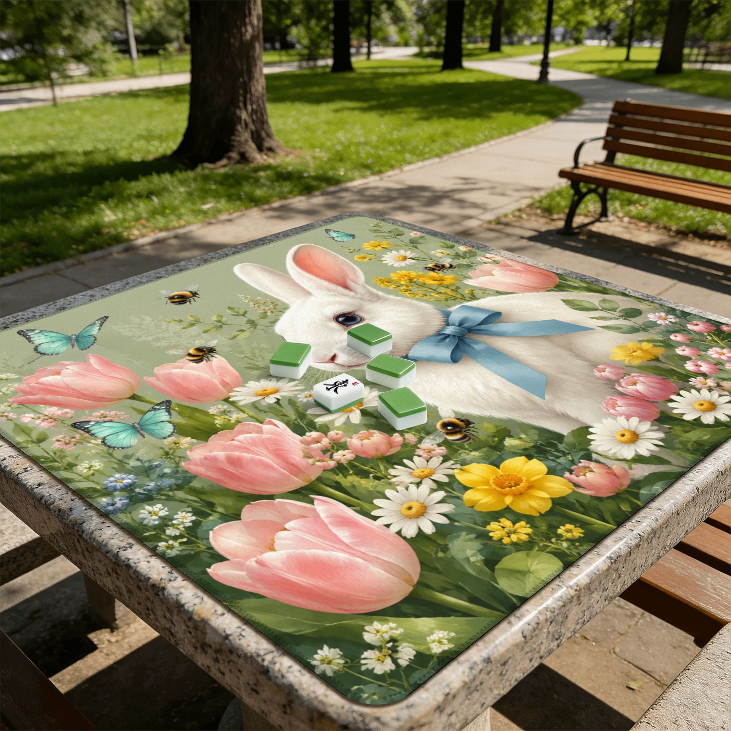 Mahjong Mat 31.5" x 31.5" White Rabbit Blue Ribbon Leaping Floral Garden Butterflies Bees Non-Slip Noise Reduction American Mahjong Tiles Table Cover for Dominoes Poker Card Board Games Gift