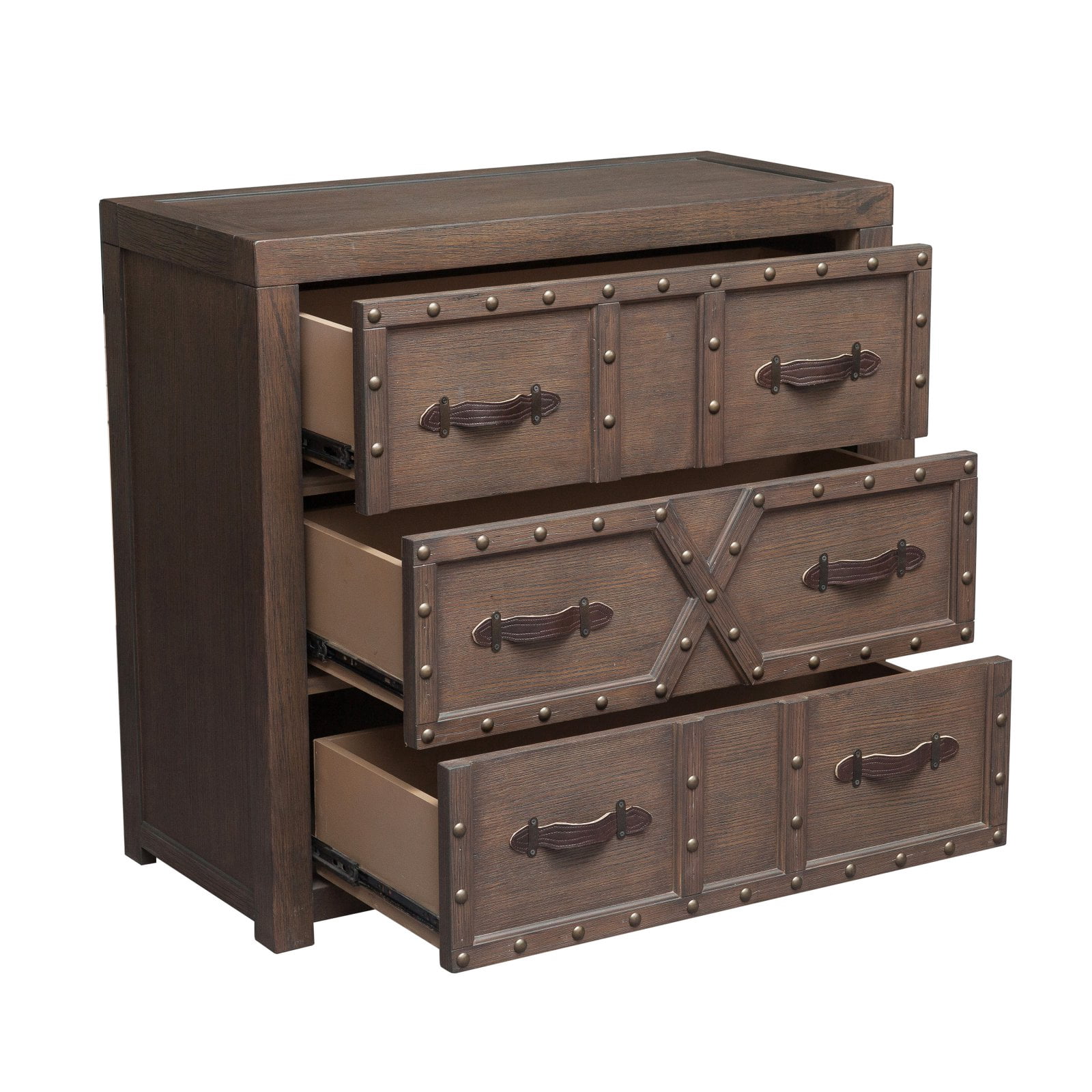 Traditional Styled Three Drawer Nail Head Accent Chest with Industrial Influence