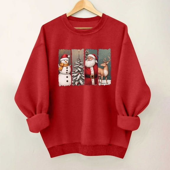 SYMOID Womens Christmas Cotton Sweatshirt, Red Festive Print (Snowman/Santa/Tree) Crew Neck Loose Fit Dropped Shoulder, S-XXL,Size 2XL