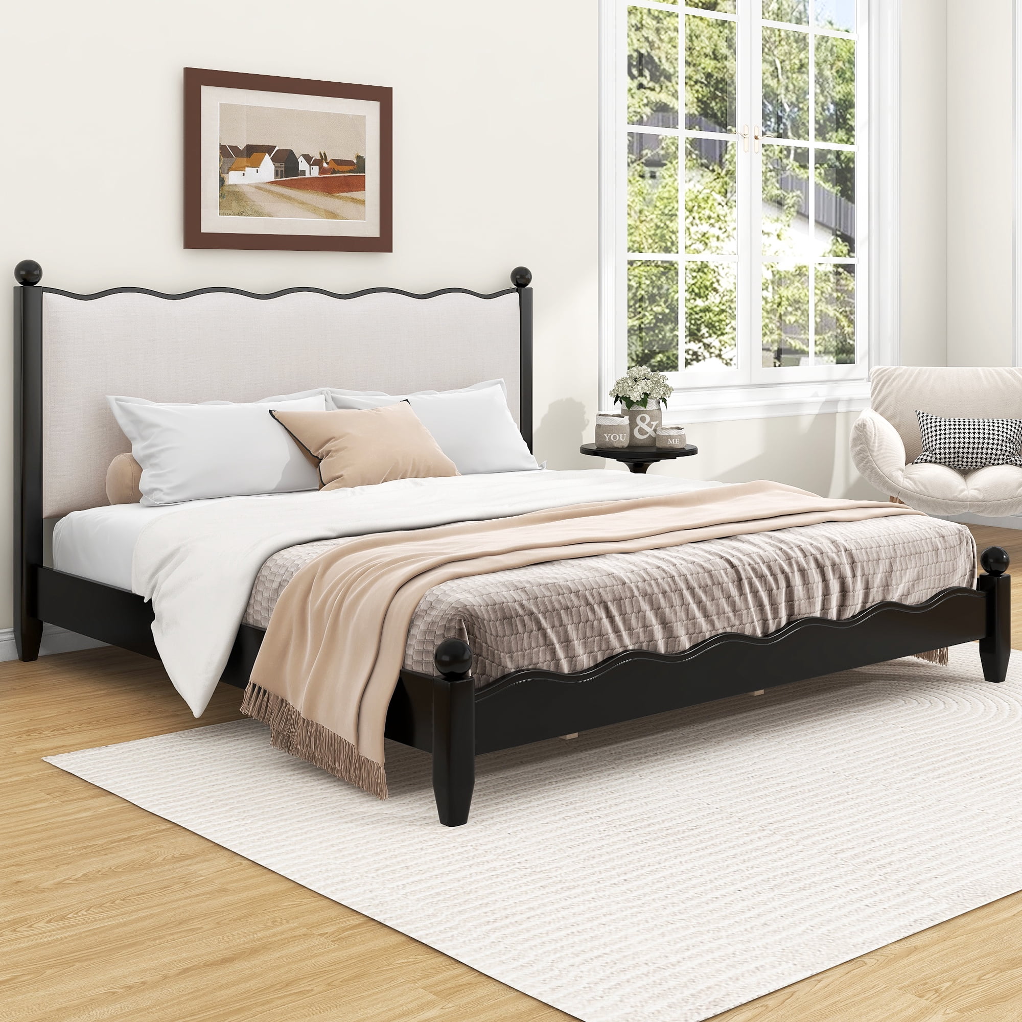 Euroco Wood King Size Wood Platform Bed with Upholstery Headboard, Black