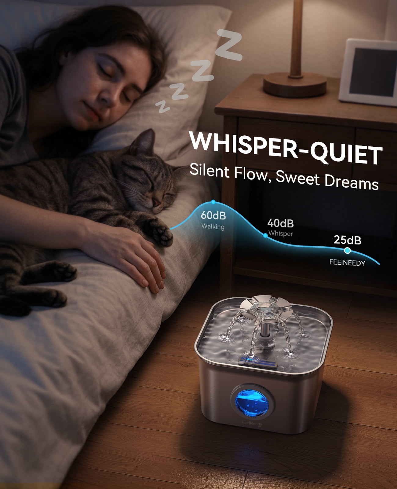 FeelNeedy Cat Water Fountain, 2.8L/95oz Stainless Steel Cat Fountain with 3 Filters, Ultra-quiet Automatic Pet Water Dispenser for Cats Indoor