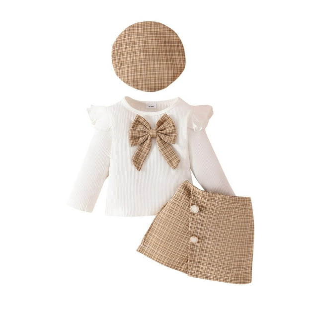 Odeerbi 6M-3Y Niñas Conjuntos de Algodón Lazo Tops de Manga Larga A-Line Falda Con Sombrero de Boina Conjunto de Tres Piezas Conjunto de Falda