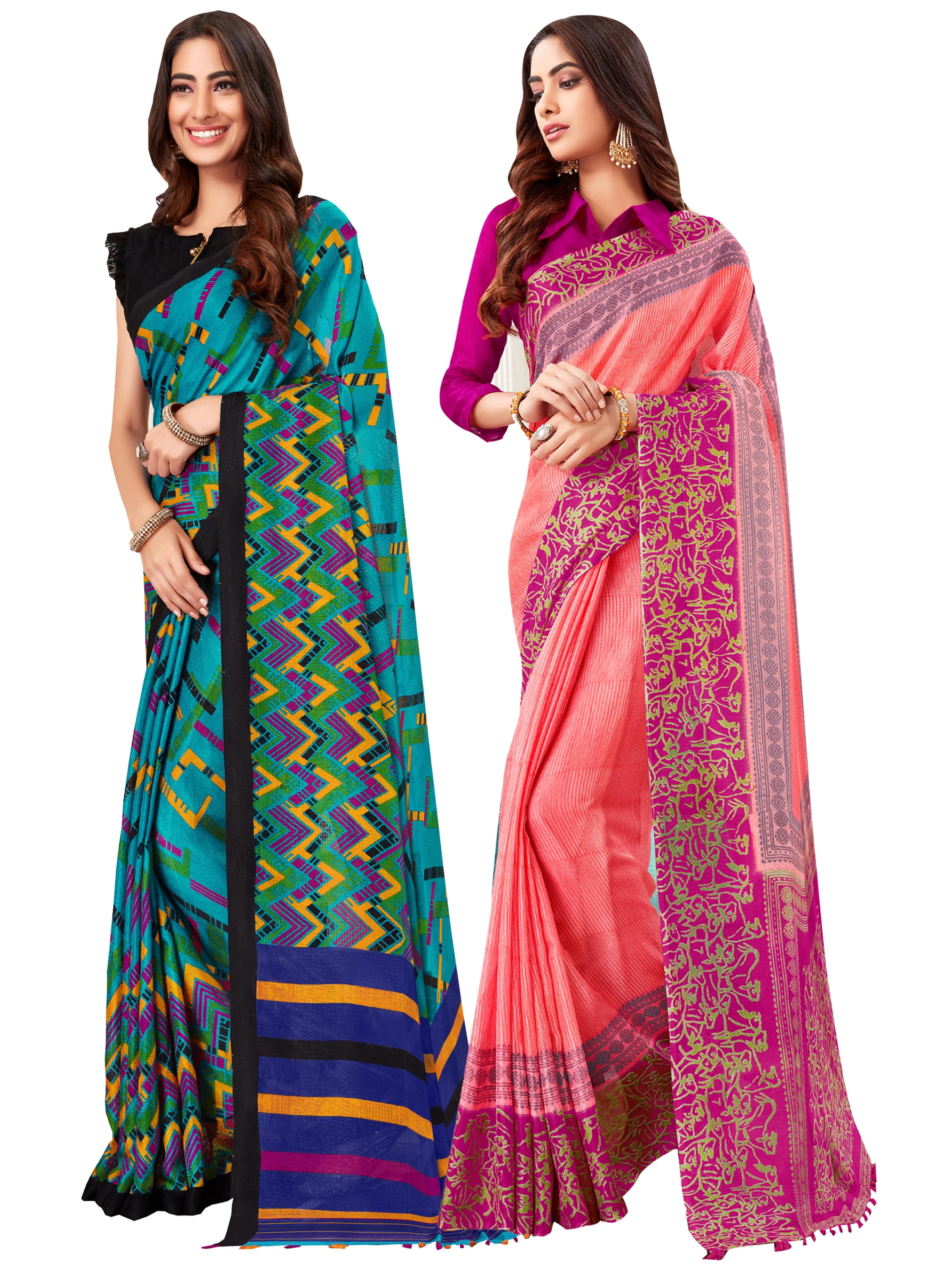 Pack of Two Saree for Women Printed Linen Silk Indian Wedding Sarees | Diwali Ethnic Gift Sari Combo