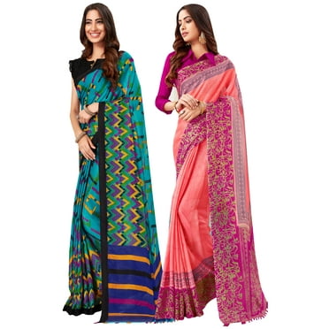 Pack of Two Saree for Women Printed Linen Silk Indian Wedding Sarees | Diwali Ethnic Gift Sari Combo