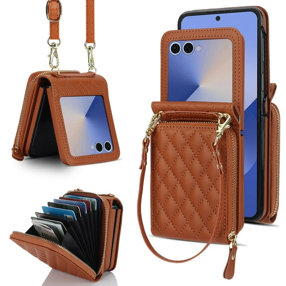 Konstreet for Samsung Galaxy Z Flip 7 Case with Card Holder with 8-Card Slots Wallet Case with Detachable Strap Crossbody Lanyard Soft PU Leather for Women- Brown
