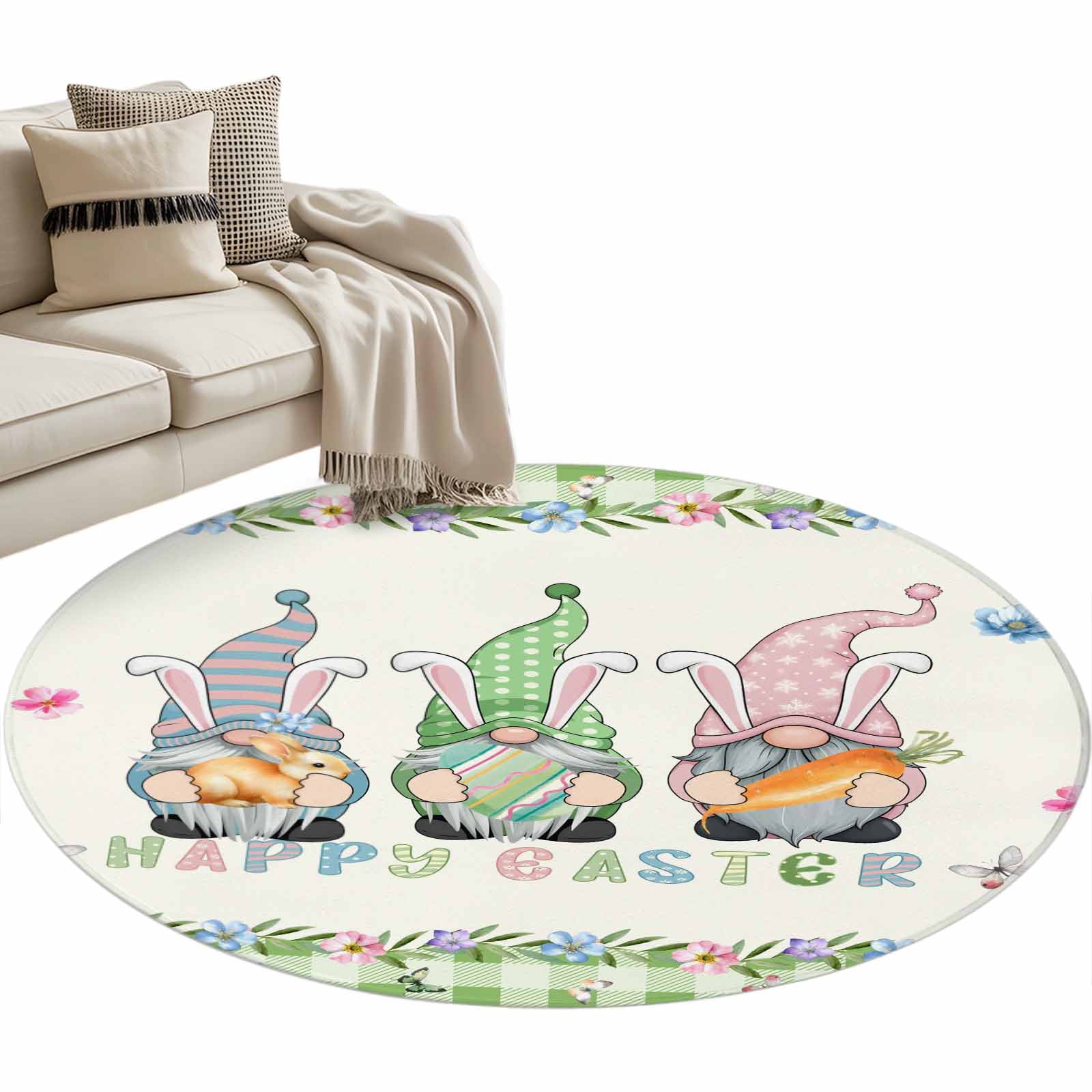 Round Area Rug 4ft Cute Dwarfs with Rabbit and Eggs Non-Slip Non-Shedding Floor Mat Spring Easter Buffalo Plaid Washable Sturdy Carpet for Living Room Bedroom Home Decor