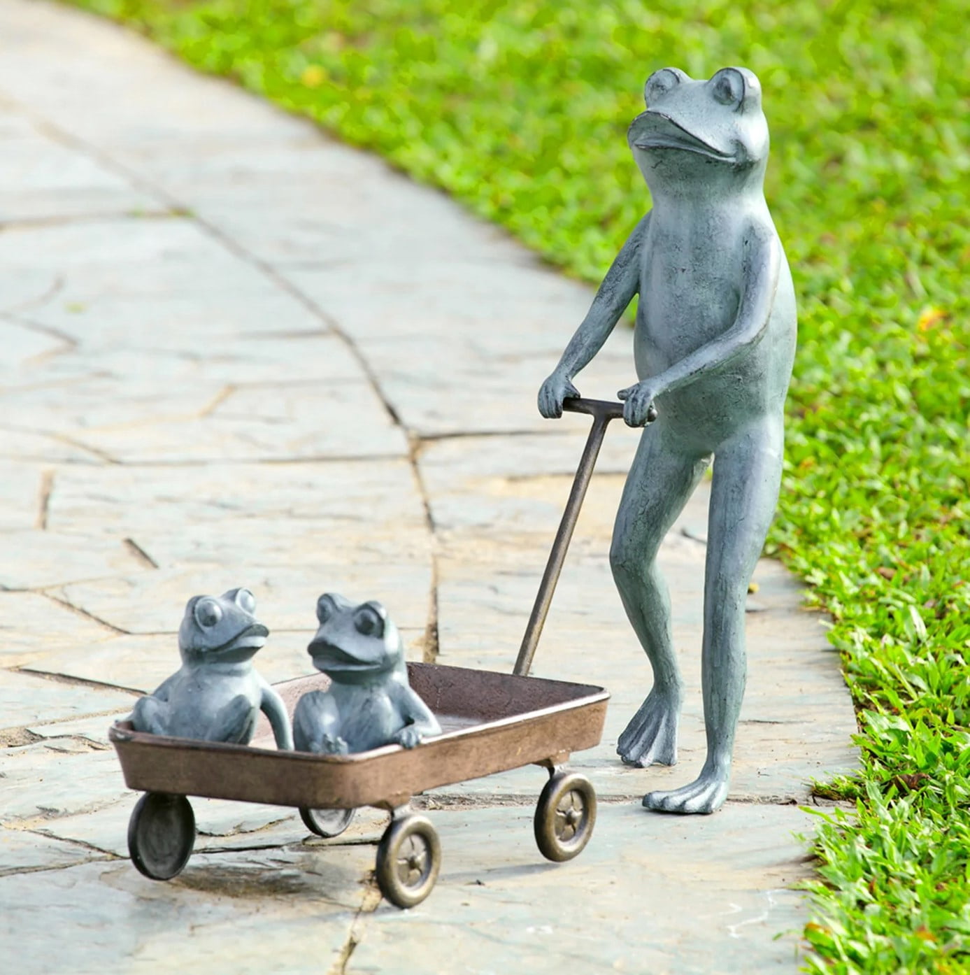 SPI Frog Family with Wagon Planter Aluminum Garden Sculpture