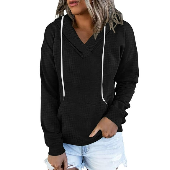 Enjoytime Hoodies for Women V-Neck Long Sleeve Pullover Sweatshirts Solid Color Loose Lightweight Hoodie with Pockets Black L